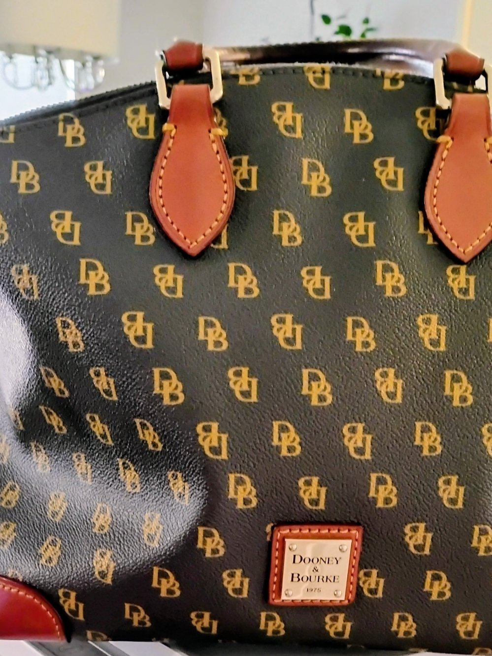Dooney & Bourke Signature DB Monogram Satchel Brown Cognac Leather Trim - Picture 2 of 16